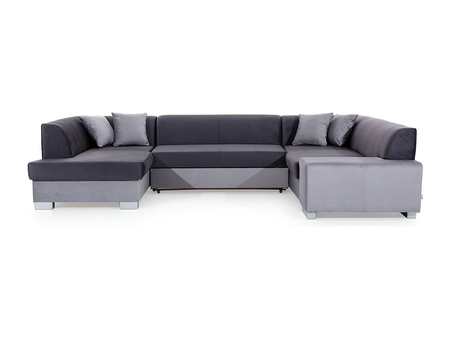 Canapé panoramique convertible HOUSTON en velours avec coffre de rangement-Gris clair/Gris-Coffre à gauche