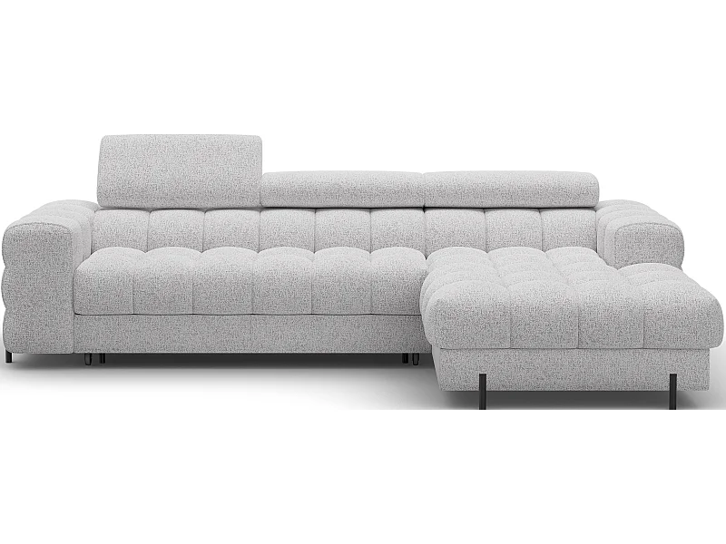 Canapé d’angle convertible tissu appuis-tête réglables KATE – Coffre et pieds métal noir-Gris souris-angle droit