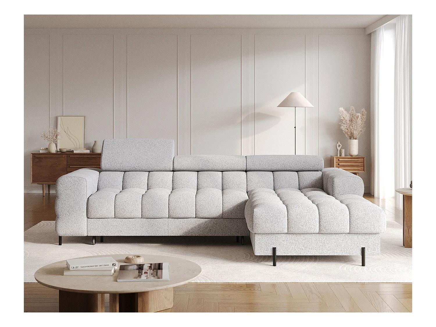 KATE omvormbare stoffen hoekbank met verstelbare hoofdsteunen – Zwarte metalen opbergruimte en poten-Kleur Muis grijs-juiste hoek