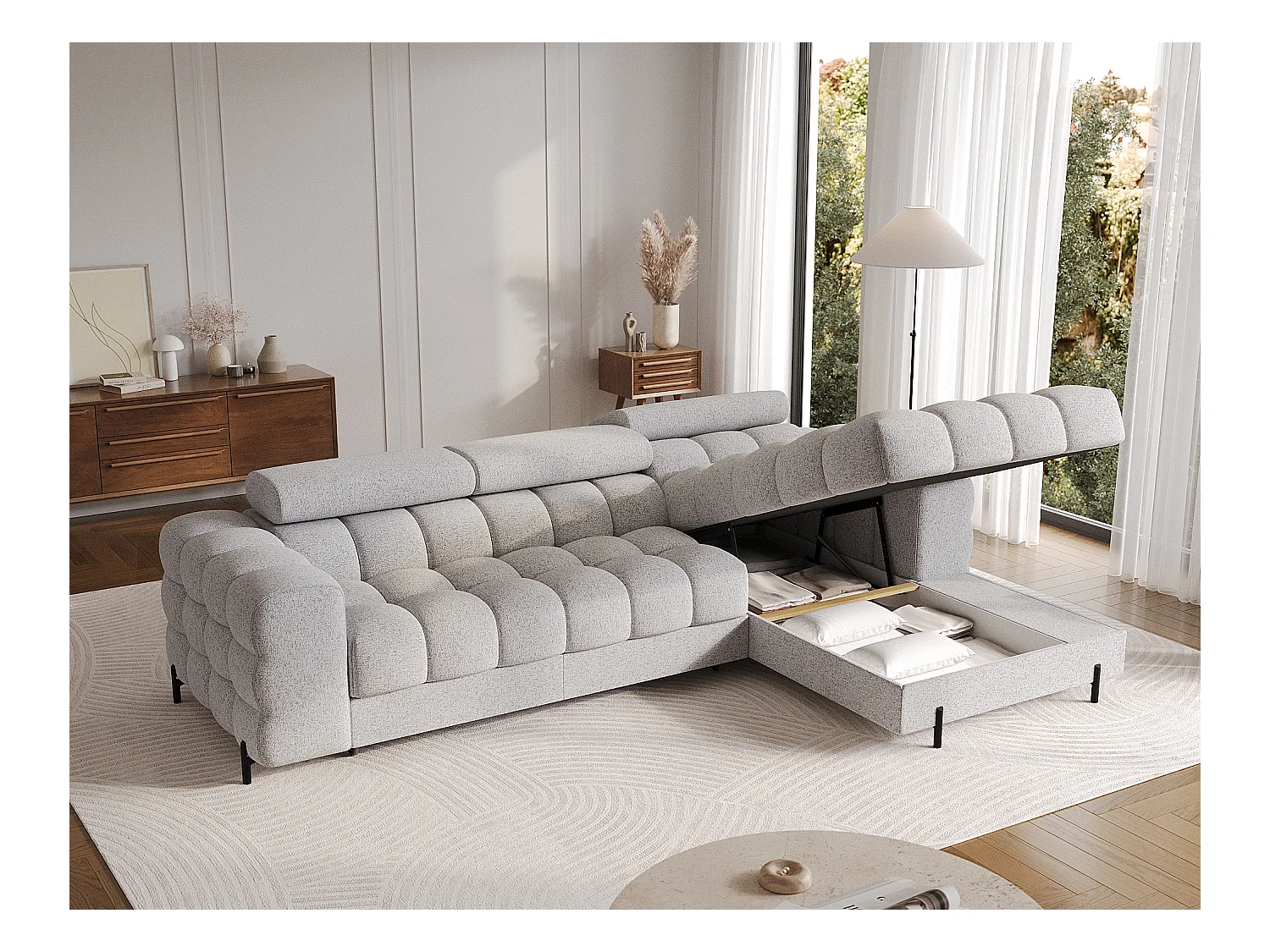 KATE omvormbare stoffen hoekbank met verstelbare hoofdsteunen – Zwarte metalen opbergruimte en poten-Kleur Muis grijs-juiste hoek