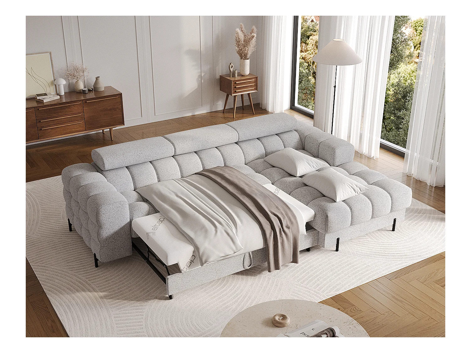 KATE omvormbare stoffen hoekbank met verstelbare hoofdsteunen – Zwarte metalen opbergruimte en poten-Kleur Muis grijs-juiste hoek