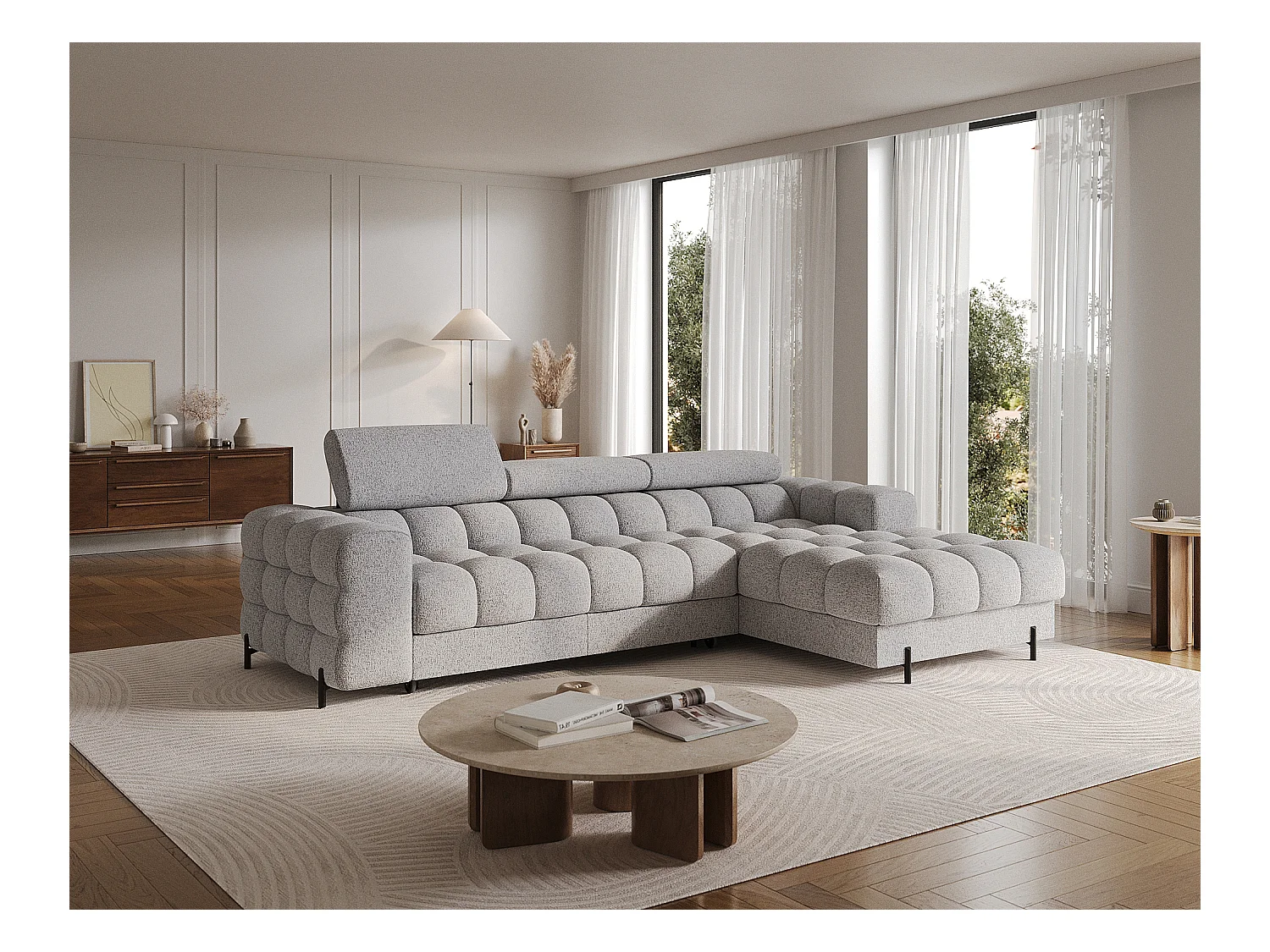 KATE omvormbare stoffen hoekbank met verstelbare hoofdsteunen – Zwarte metalen opbergruimte en poten-Kleur Muis grijs-juiste hoek