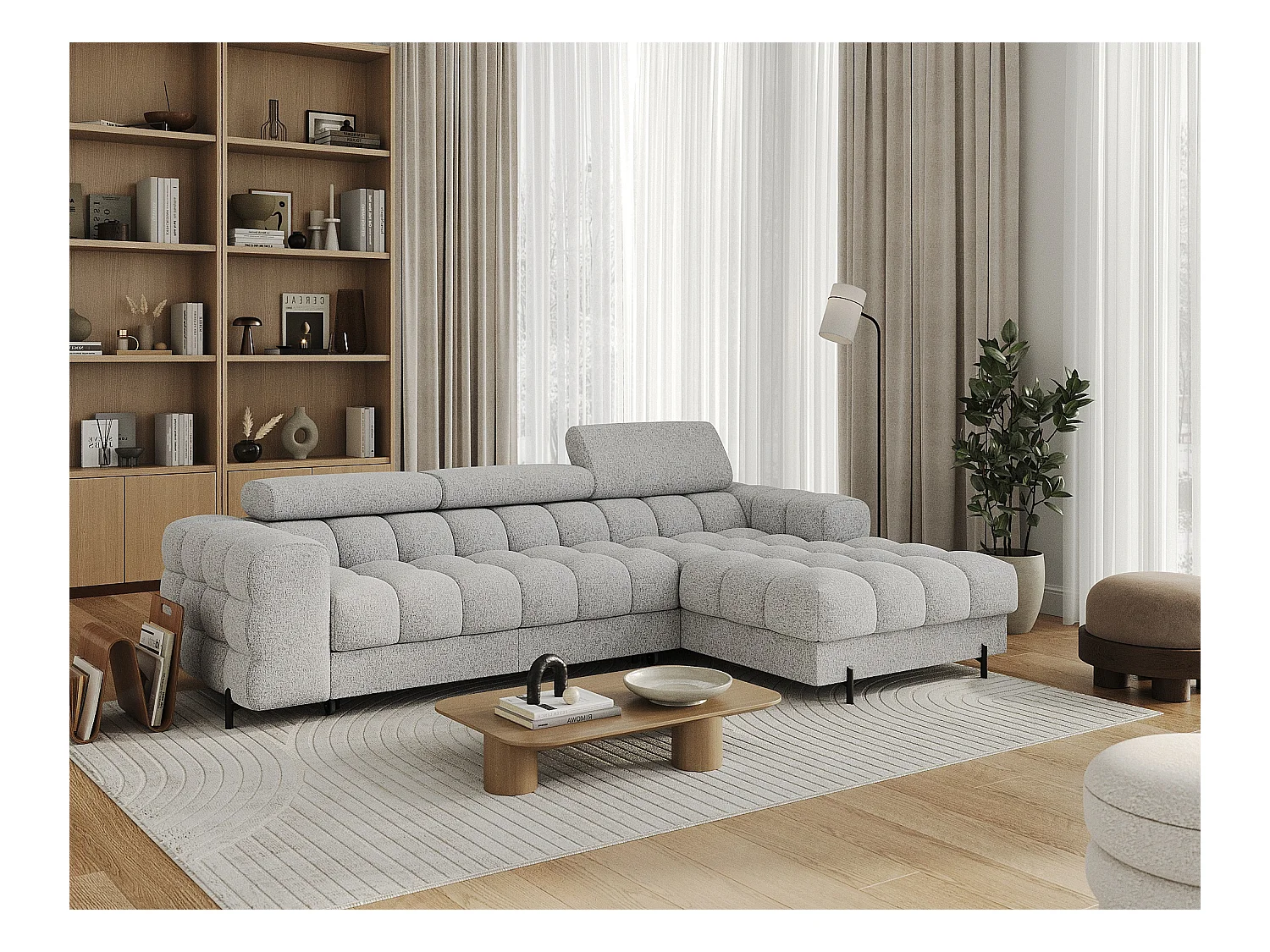 KATE omvormbare stoffen hoekbank met verstelbare hoofdsteunen – Zwarte metalen opbergruimte en poten-Kleur Muis grijs-juiste hoek