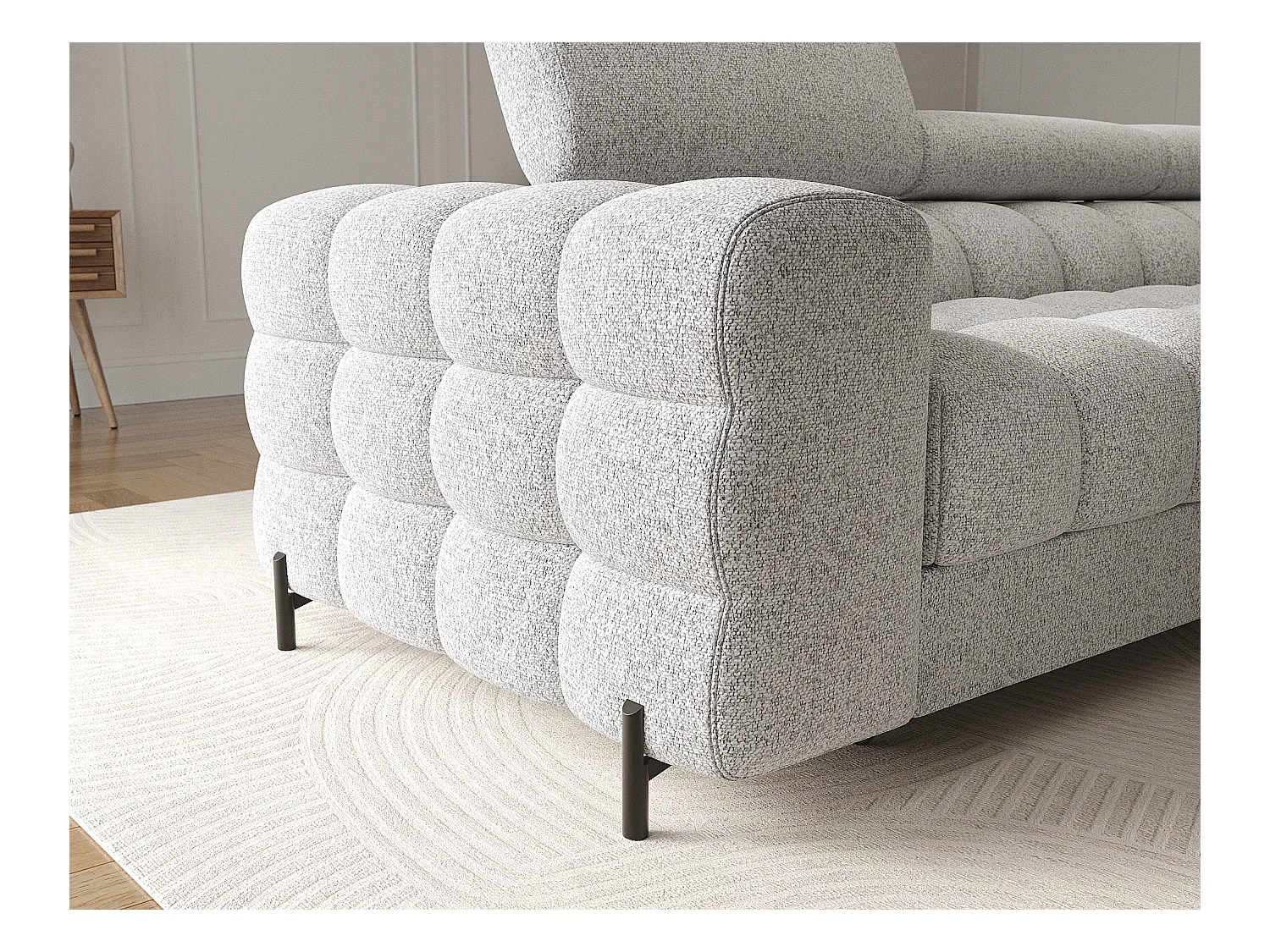 KATE omvormbare stoffen hoekbank met verstelbare hoofdsteunen – Zwarte metalen opbergruimte en poten-Kleur Muis grijs-juiste hoek