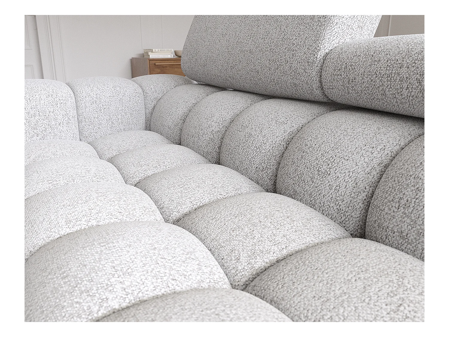 KATE omvormbare stoffen hoekbank met verstelbare hoofdsteunen – Zwarte metalen opbergruimte en poten-Kleur Muis grijs-juiste hoek