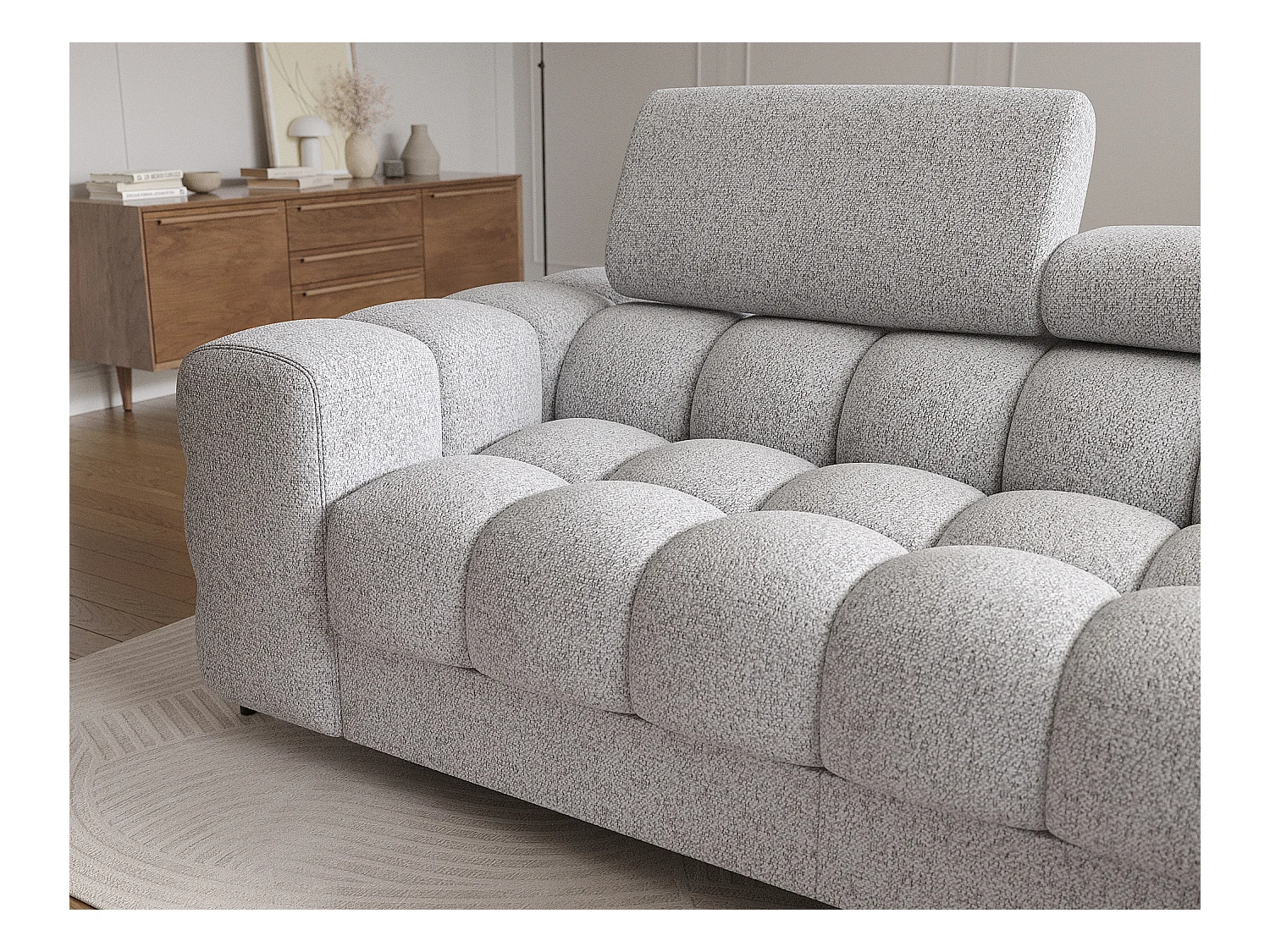 KATE omvormbare stoffen hoekbank met verstelbare hoofdsteunen – Zwarte metalen opbergruimte en poten-Kleur Muis grijs-juiste hoek