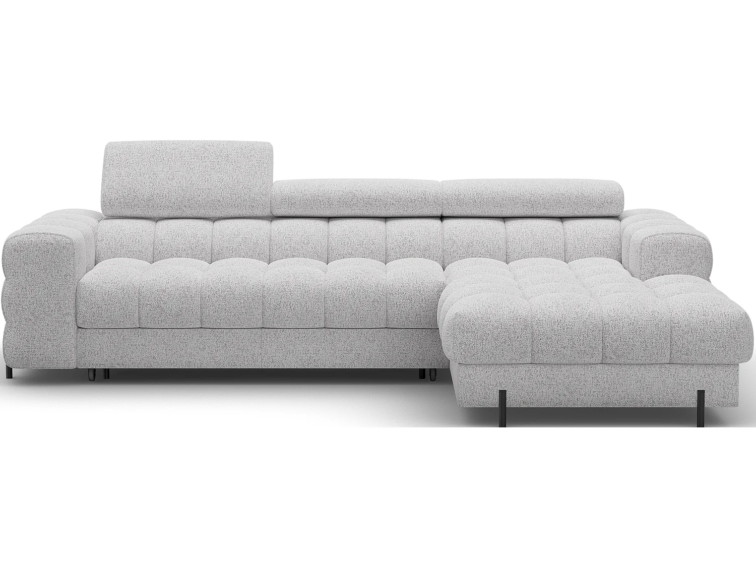 Canapé d’angle convertible tissu appuis-tête réglables KATE – Coffre et pieds métal noir-Gris souris-angle droit