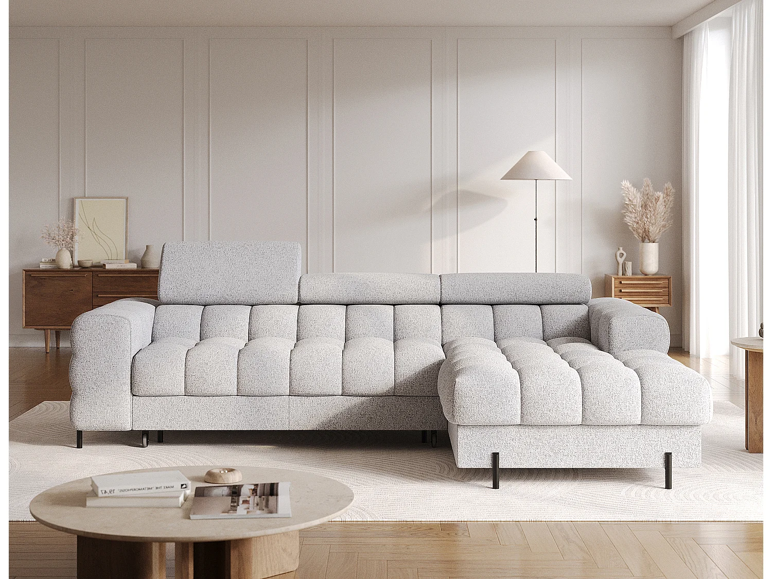 Canapé d’angle convertible tissu appuis-tête réglables KATE – Coffre et pieds métal noir-Gris souris-angle droit