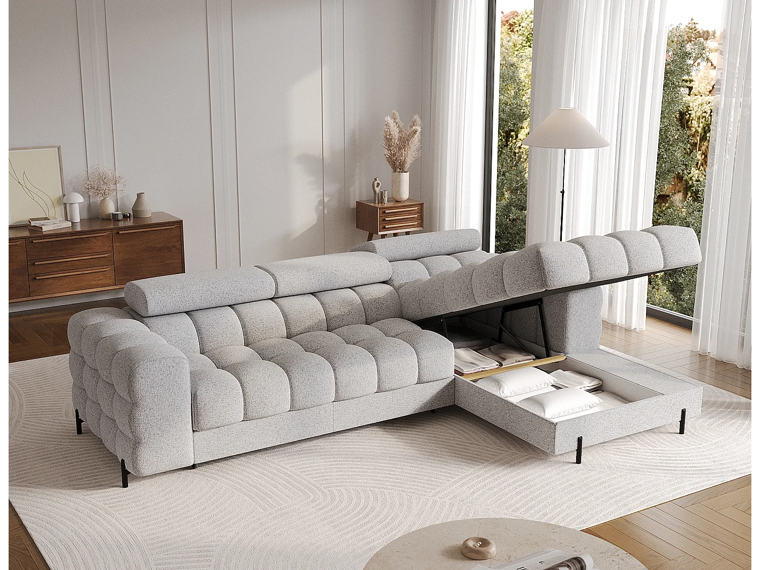 Canapé d’angle convertible tissu appuis-tête réglables KATE – Coffre et pieds métal noir-Gris souris-angle droit