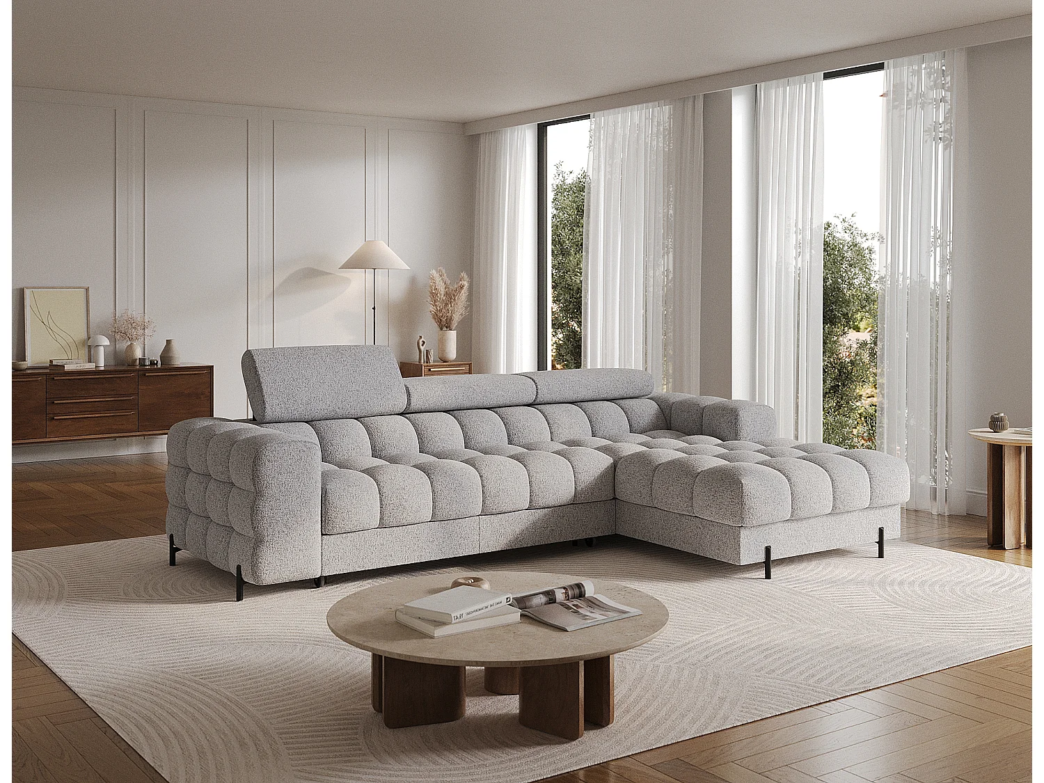 Canapé d’angle convertible tissu appuis-tête réglables KATE – Coffre et pieds métal noir-Gris souris-angle droit