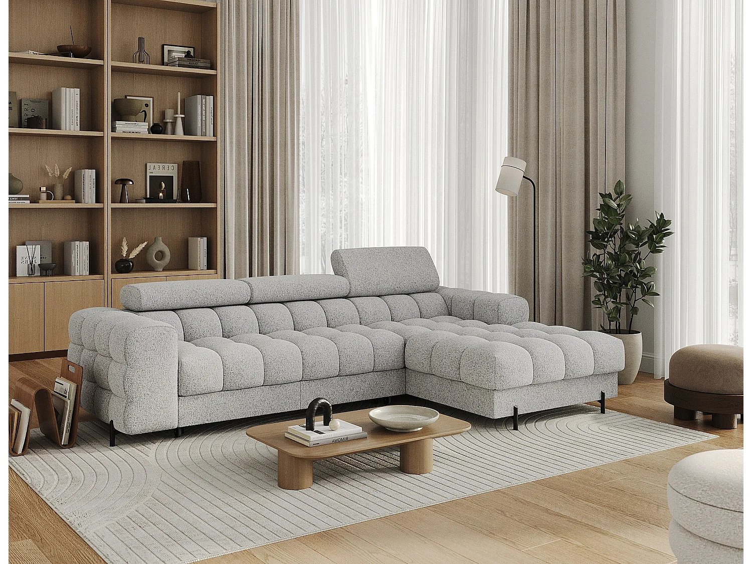 Canapé d’angle convertible tissu appuis-tête réglables KATE – Coffre et pieds métal noir-Gris souris-angle droit