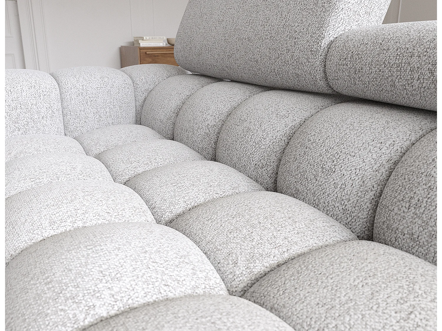 Canapé d’angle convertible tissu appuis-tête réglables KATE – Coffre et pieds métal noir-Gris souris-angle droit