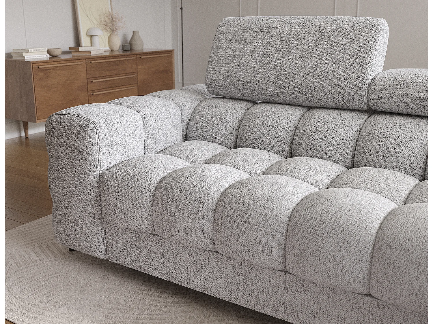 Canapé d’angle convertible tissu appuis-tête réglables KATE – Coffre et pieds métal noir-Gris souris-angle droit