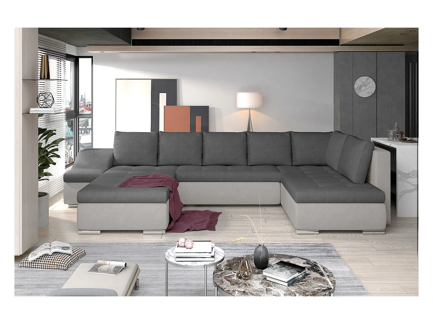 Canapé panoramique convertible JONAZ simili cuir, tissu - Rangement integré-Gris/Gris foncé-Méridienne A gauche