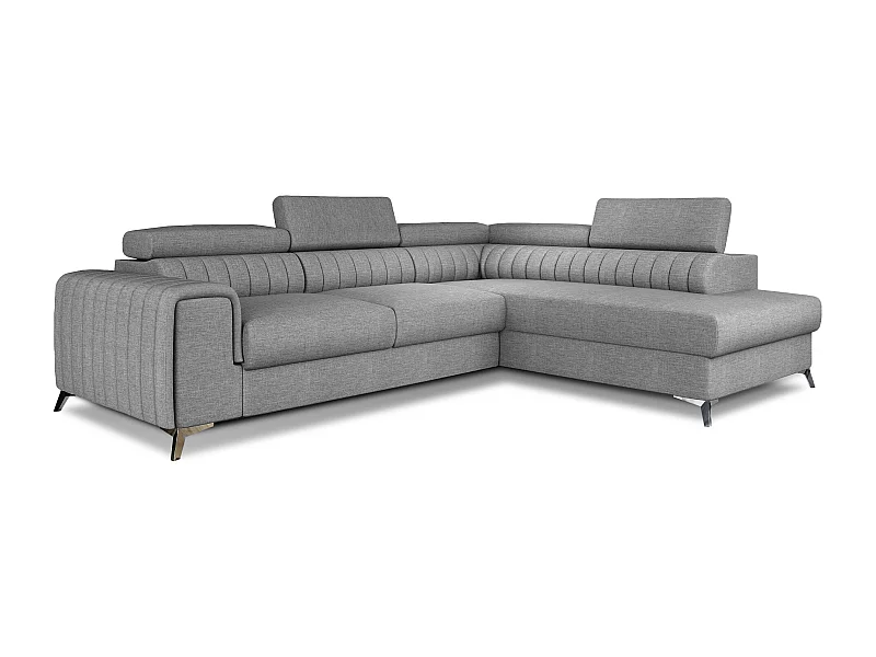 Canapé d'angle convertible tissu appuis-tête réglables LOZA - Coffre et pieds acier chromé-Gris-angle droit