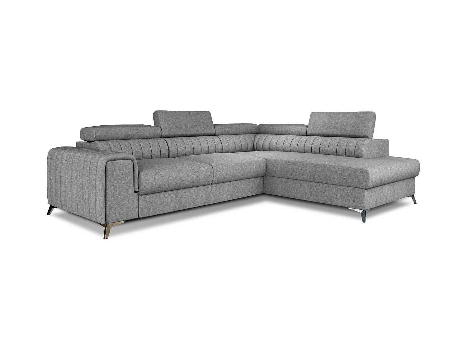 Canapé d'angle convertible tissu appuis-tête réglables LOZA - Coffre et pieds acier chromé-Gris-angle droit