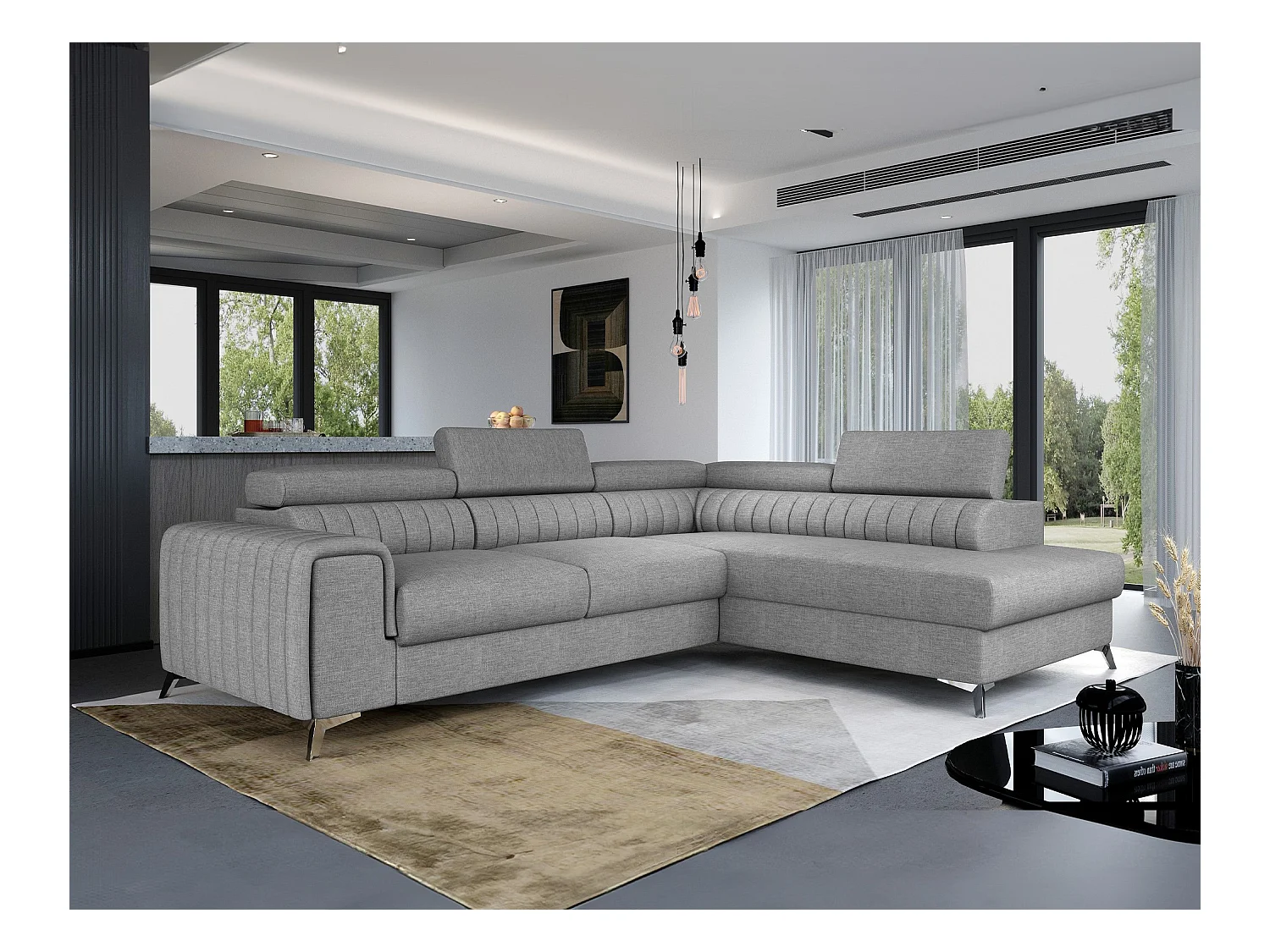 Canapé d'angle convertible tissu appuis-tête réglables LOZA - Coffre et pieds acier chromé-Gris-angle droit