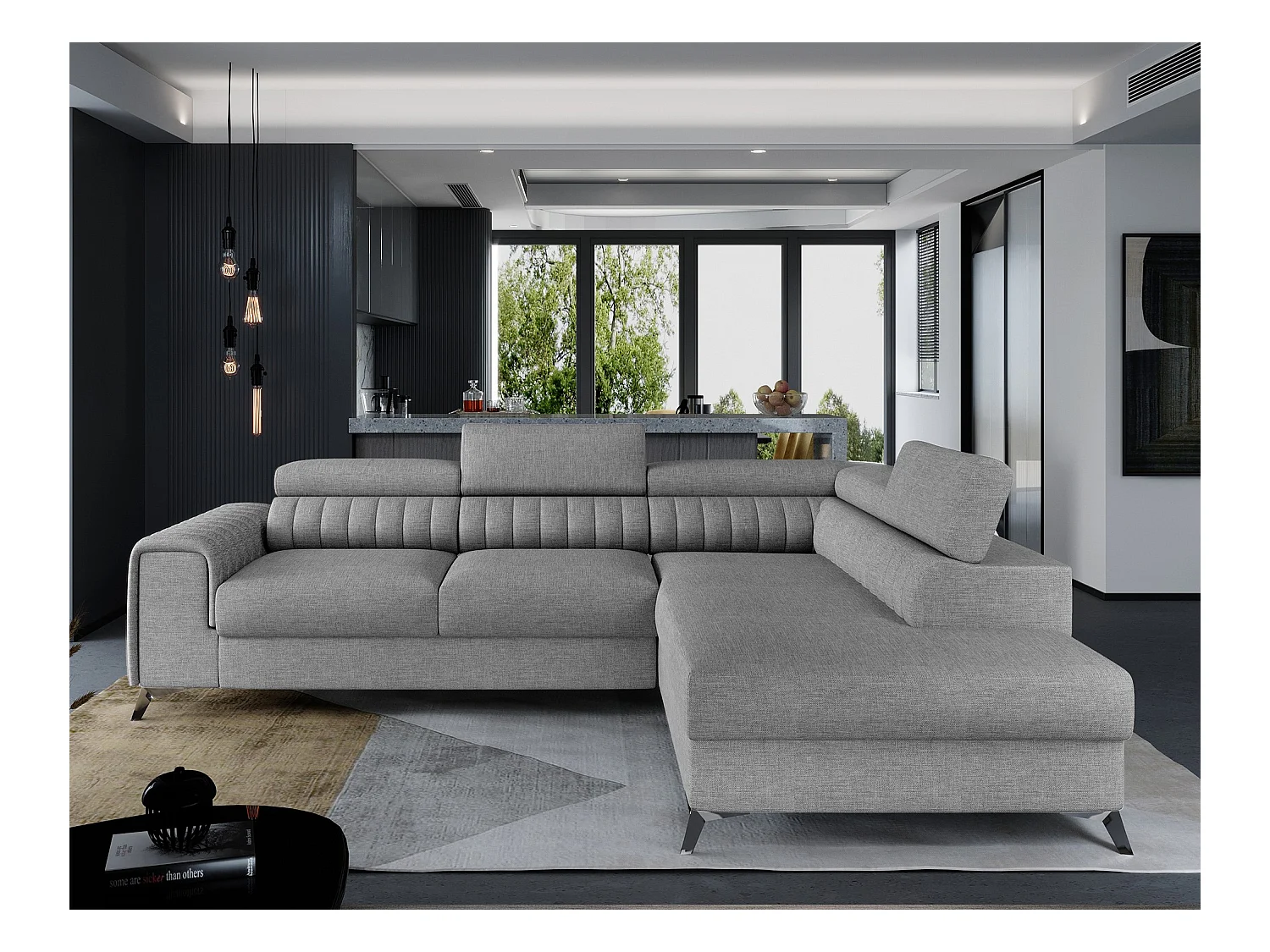 Canapé d'angle convertible tissu appuis-tête réglables LOZA - Coffre et pieds acier chromé-Gris-angle droit