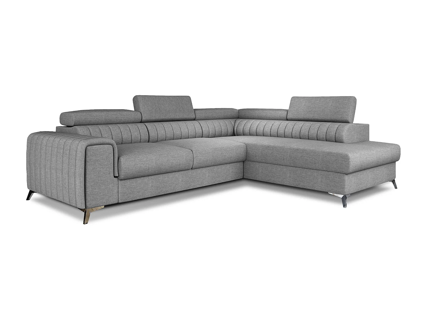 Canapé d'angle convertible tissu appuis-tête réglables LOZA - Coffre et pieds acier chromé-Gris-angle droit