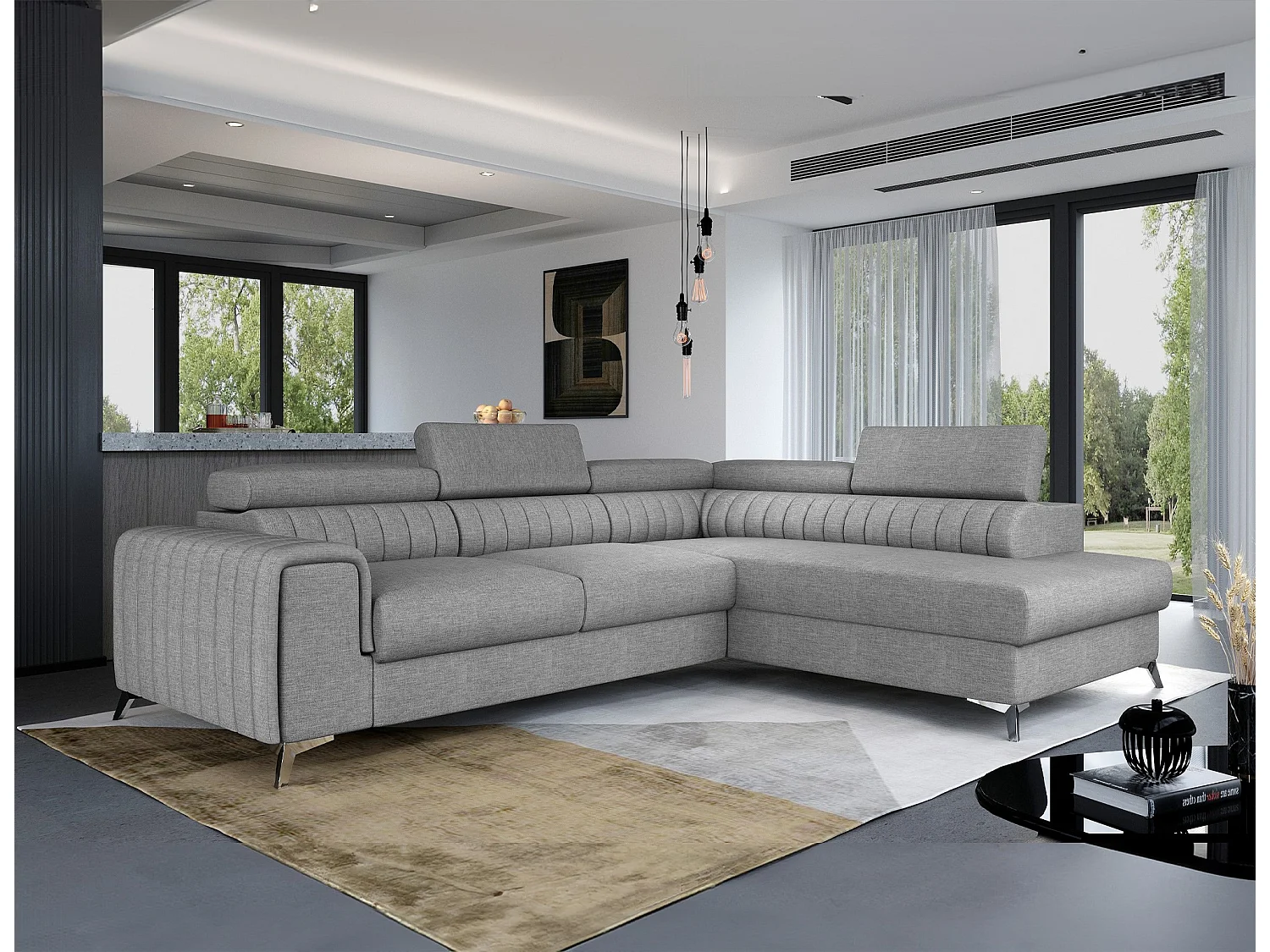 Canapé d'angle convertible tissu appuis-tête réglables LOZA - Coffre et pieds acier chromé-Gris-angle droit