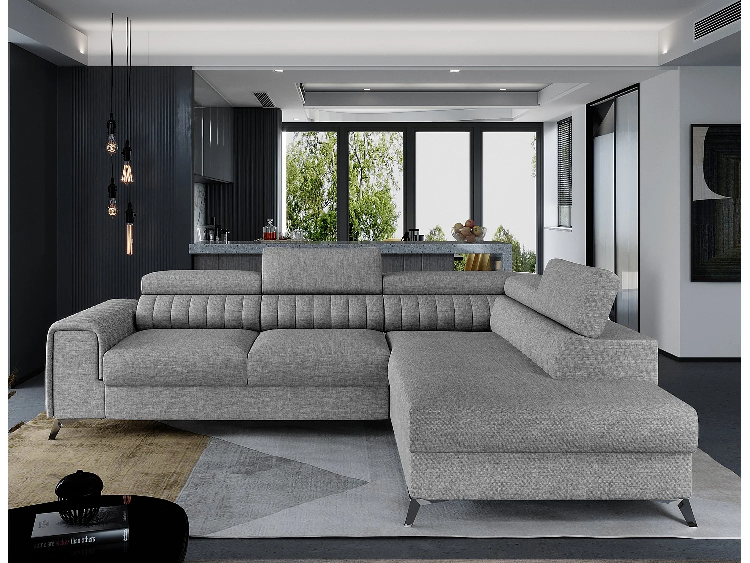 Canapé d'angle convertible tissu appuis-tête réglables LOZA - Coffre et pieds acier chromé-Gris-angle droit