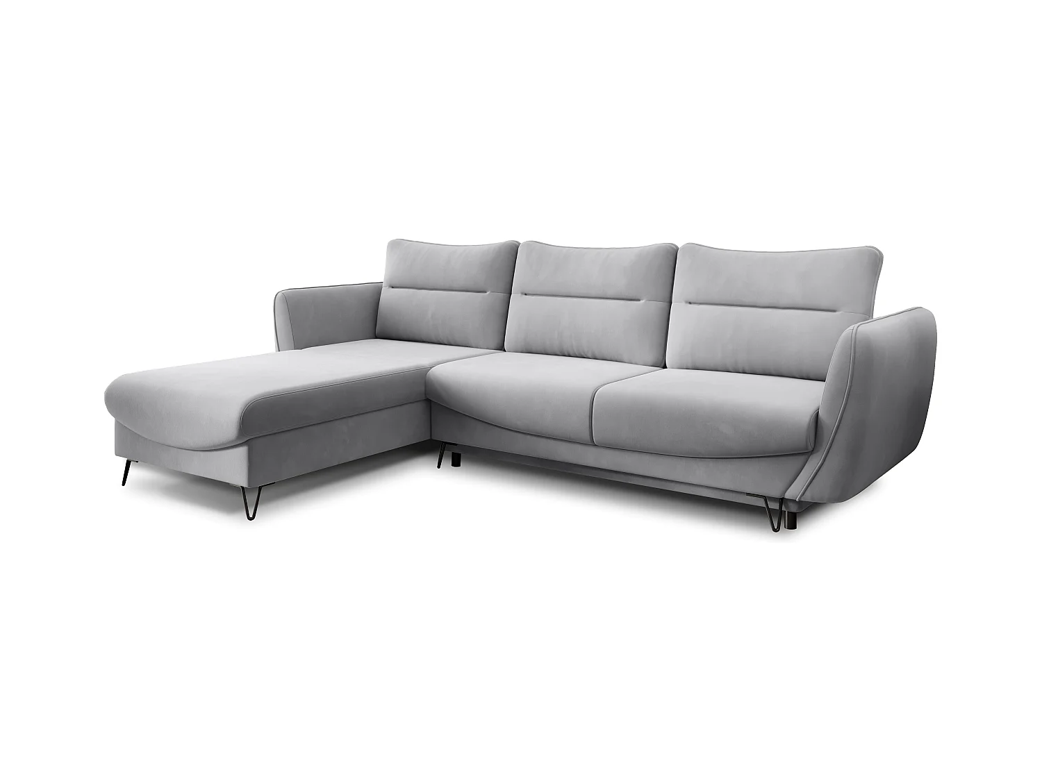 ZURIK stoffen omvormbare hoekbank - Opbergbox en zwarte metalen poten-Kleur Muis grijs-linkerhoek