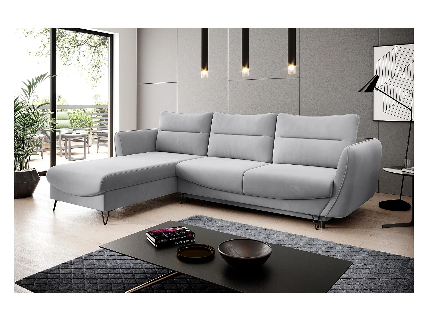 ZURIK stoffen omvormbare hoekbank - Opbergbox en zwarte metalen poten-Kleur Muis grijs-linkerhoek