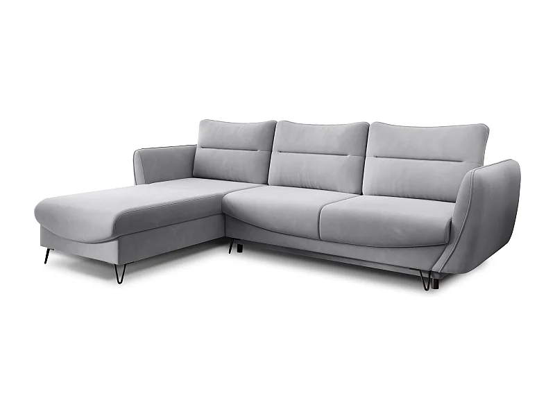 Canapé d'angle convertible tissu ZURIK - Coffre de rangement et pieds métal noir-Gris souris-angle gauche