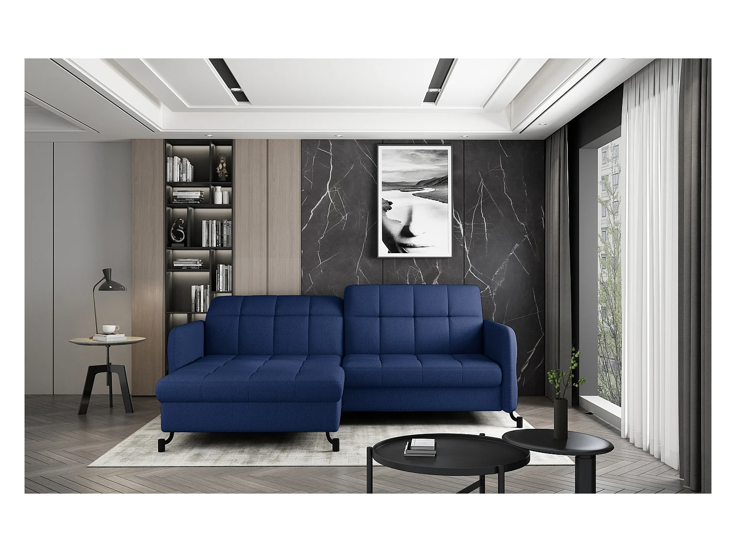 Canapé d'angle convertible velours avec coffre de rangement LORI-Bleu marine-angle gauche