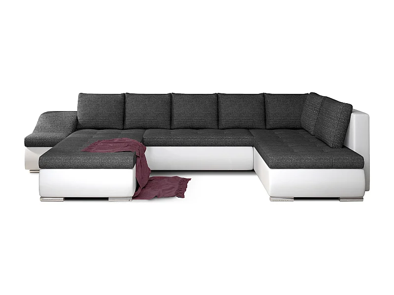 Canapé panoramique convertible JONAZ simili cuir, tissu - Rangement integré-Blanc/Gris chiné-Méridienne A gauche