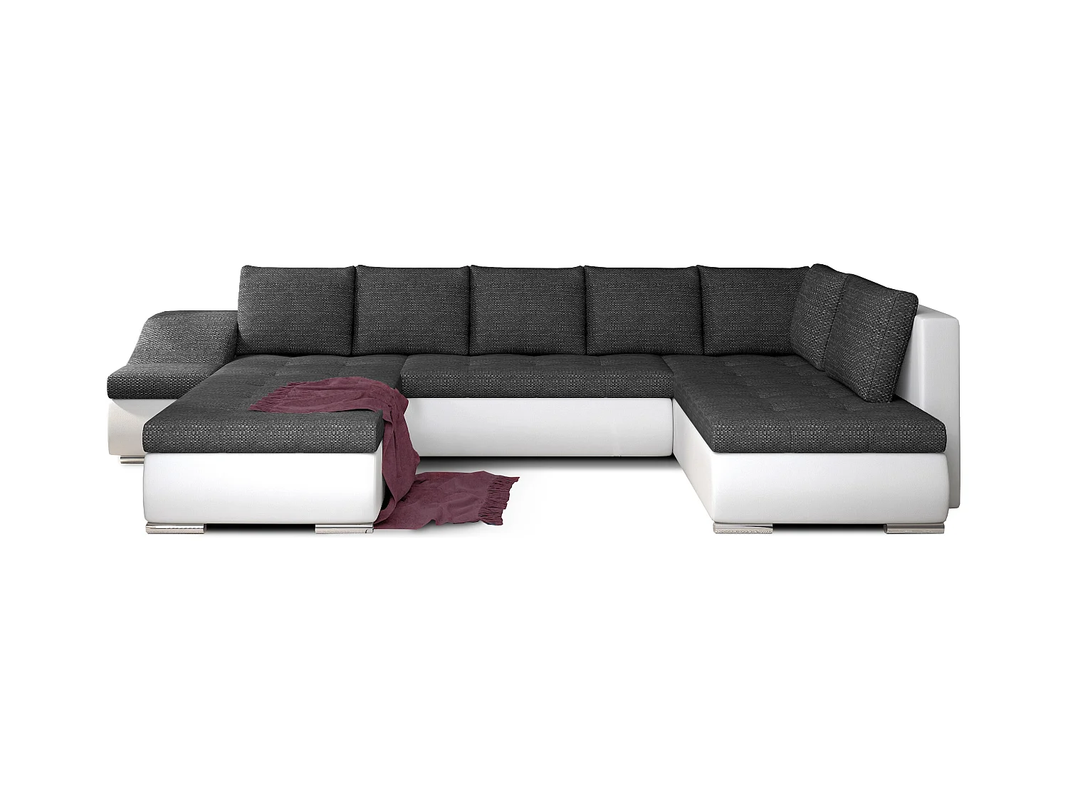 Canapé panoramique convertible JONAZ simili cuir, tissu - Rangement integré-Blanc/Gris chiné-Méridienne A gauche