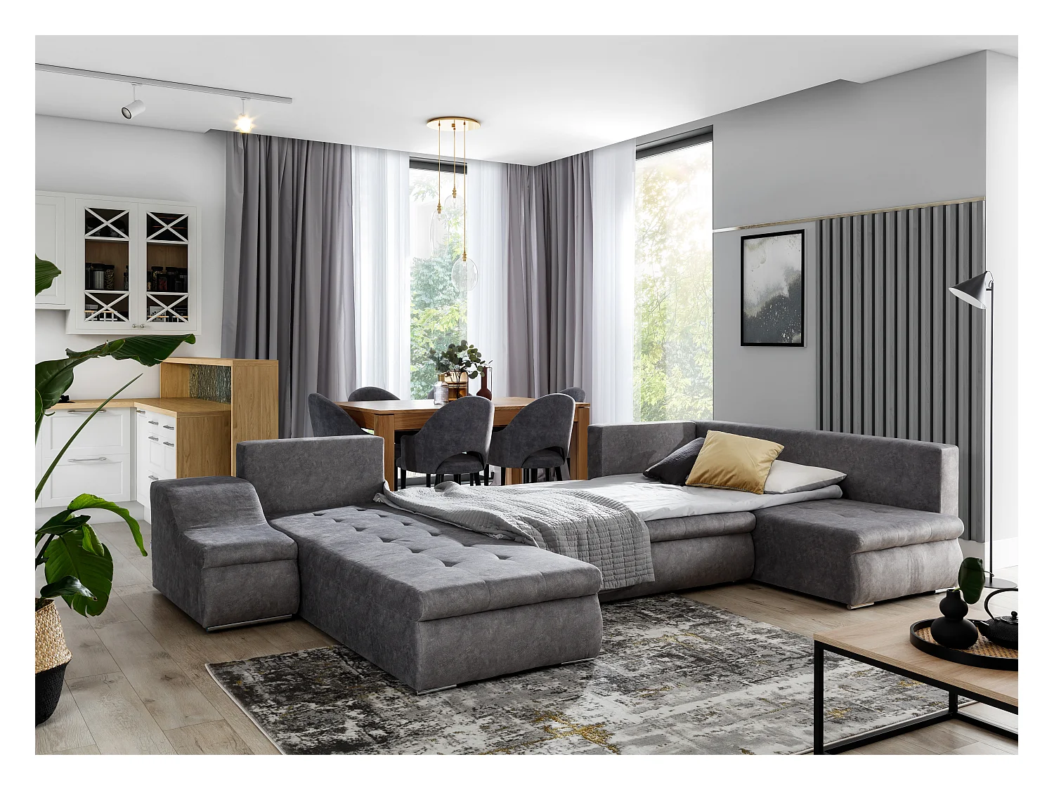 Canapé panoramique convertible JONAZ simili cuir, tissu - Rangement integré-Blanc/Gris chiné-Méridienne A gauche