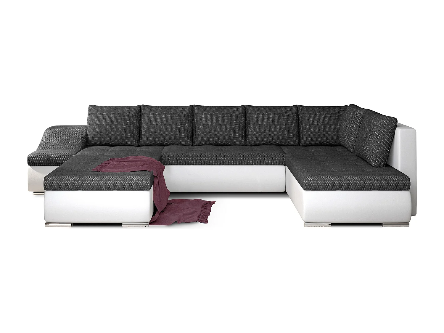 Canapé panoramique convertible JONAZ simili cuir, tissu - Rangement integré-Blanc/Gris chiné-Méridienne A gauche