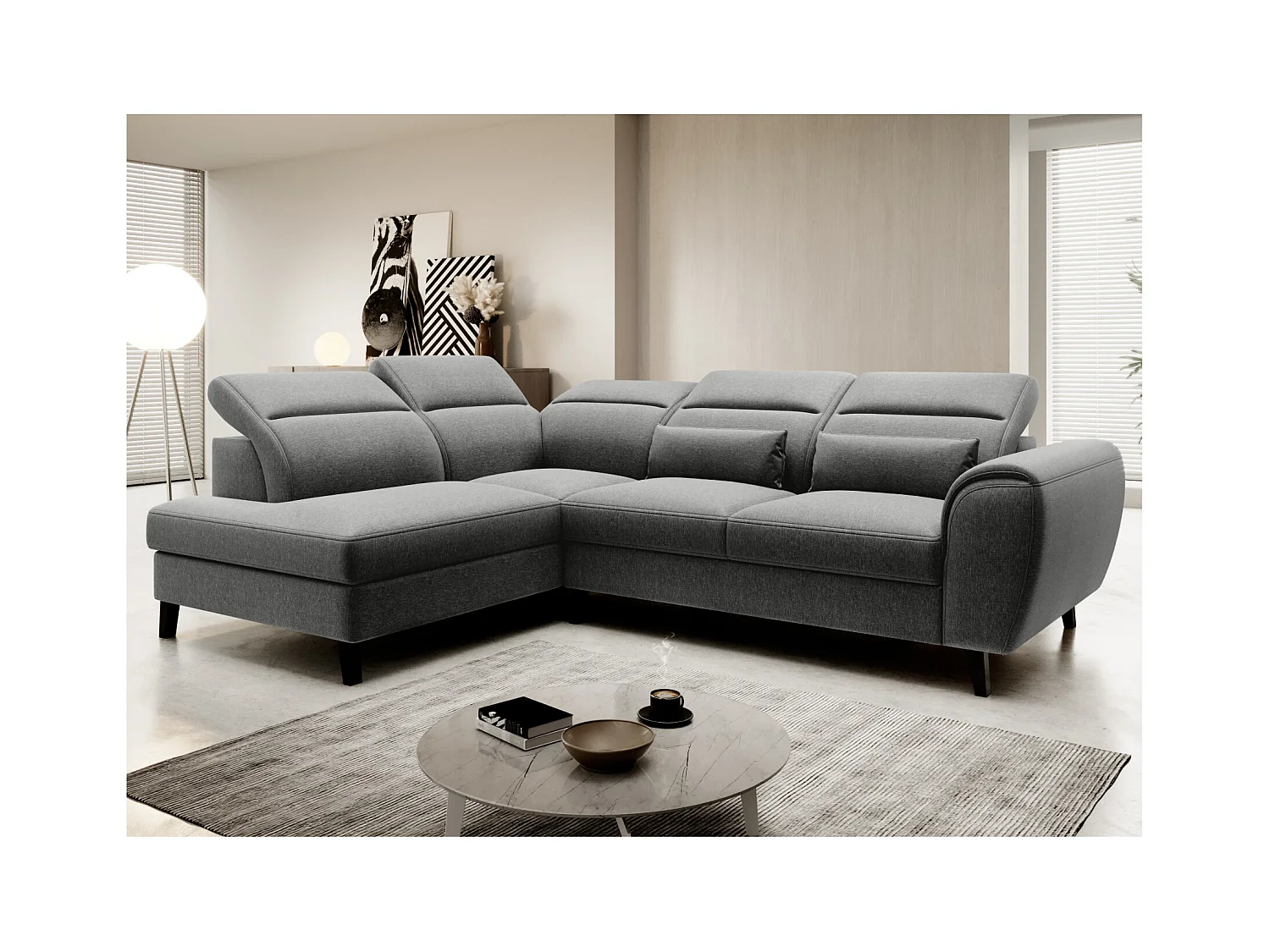 NOBLESSE stoffen omvormbare hoekbank met opbergruimte - Zwarte houten poten-Kleur Heide grijs-linkerhoek