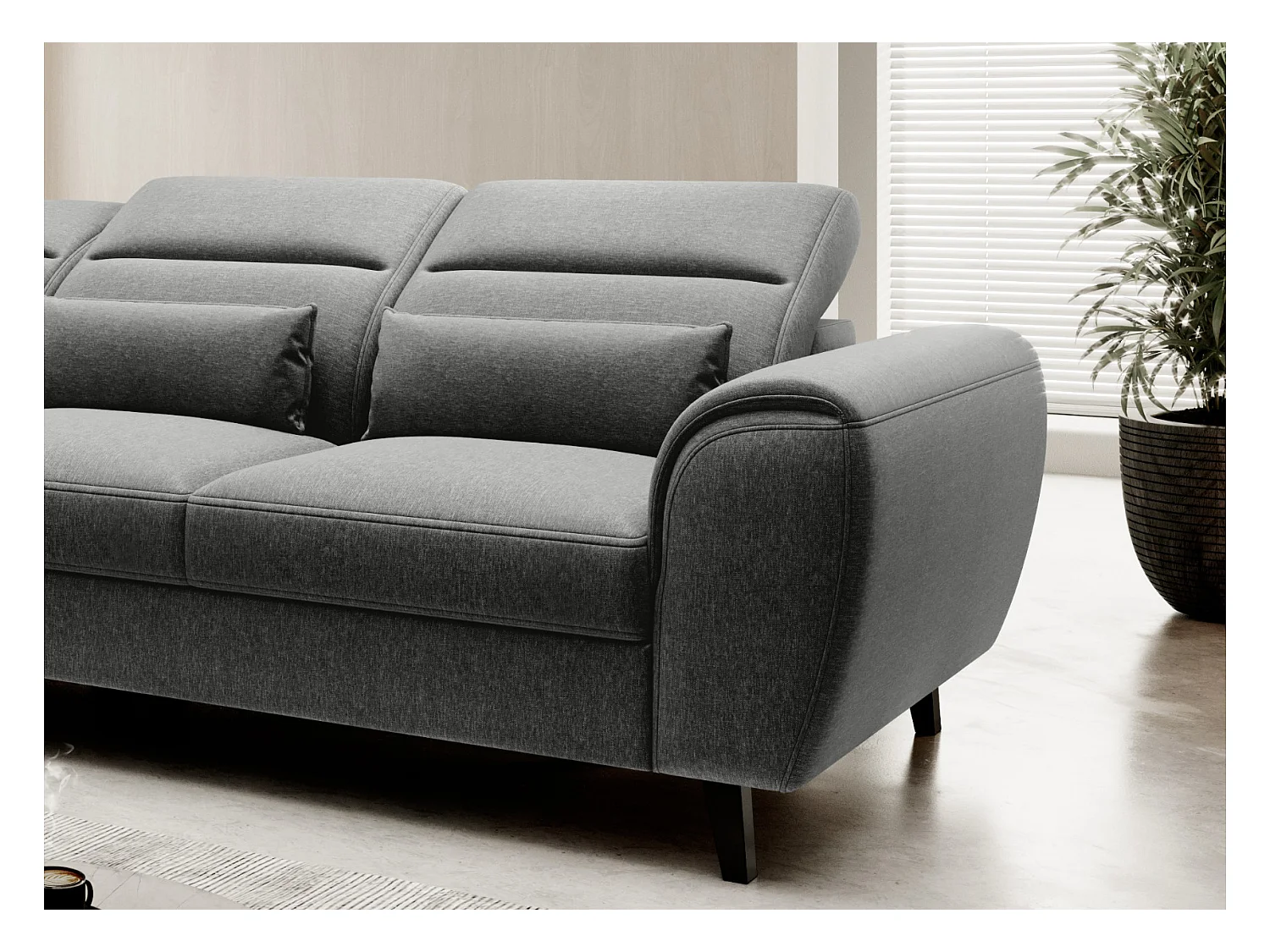 NOBLESSE stoffen omvormbare hoekbank met opbergruimte - Zwarte houten poten-Kleur Heide grijs-linkerhoek