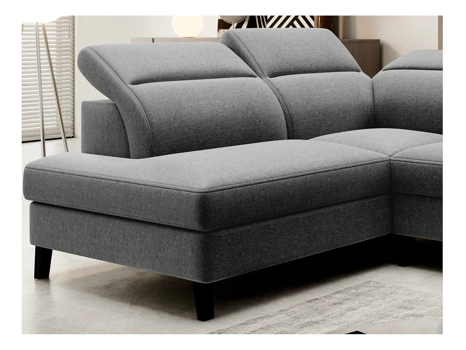 NOBLESSE stoffen omvormbare hoekbank met opbergruimte - Zwarte houten poten-Kleur Heide grijs-linkerhoek