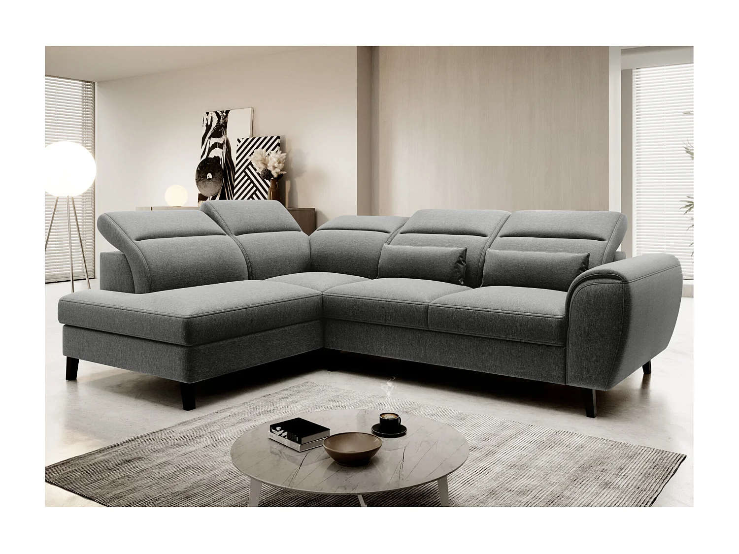 Canapé d'angle convertible avec rangement tissu NOBLESSE - Pieds bois noir-Gris chiné-angle gauche