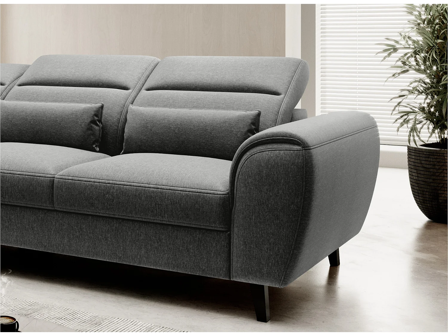 Canapé d'angle convertible avec rangement tissu NOBLESSE - Pieds bois noir-Gris chiné-angle gauche