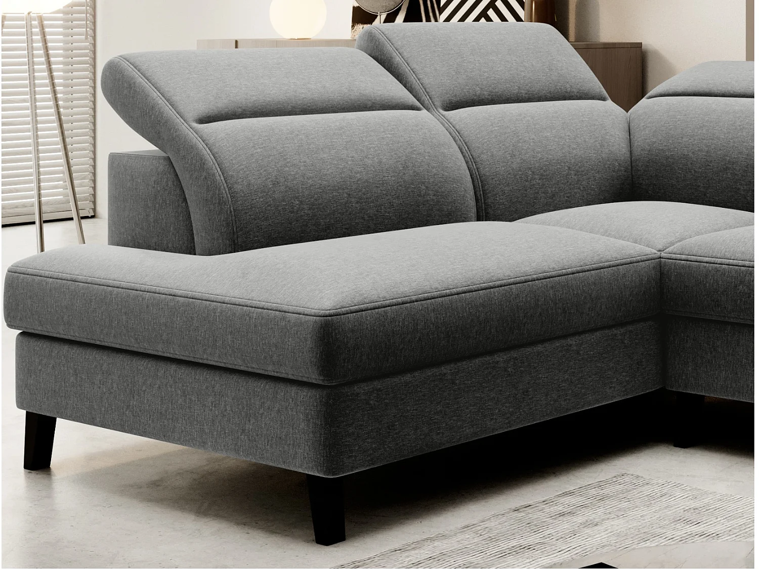 Canapé d'angle convertible avec rangement tissu NOBLESSE - Pieds bois noir-Gris chiné-angle gauche