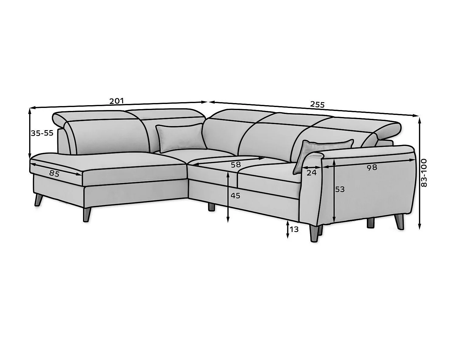 Canapé d'angle convertible avec rangement tissu NOBLESSE - Pieds bois noir-Gris chiné-angle gauche