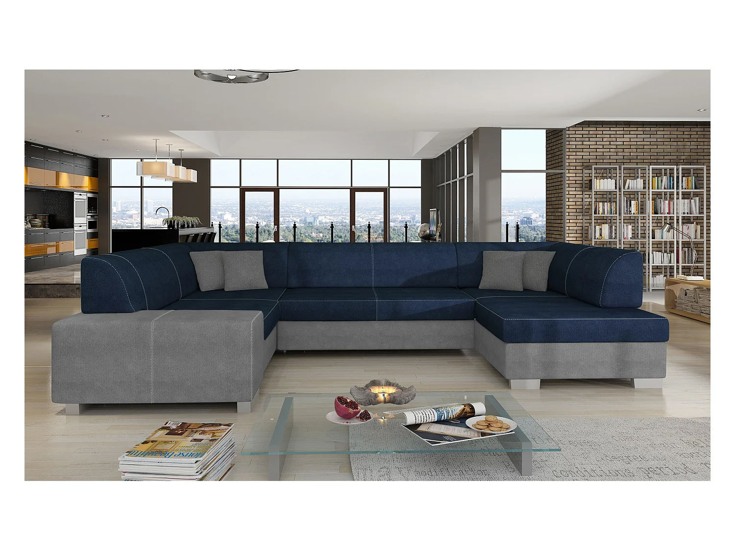 Canapé panoramique convertible HOUSTON en velours avec coffre de rangement-Gris clair/Bleu-Coffre à droite