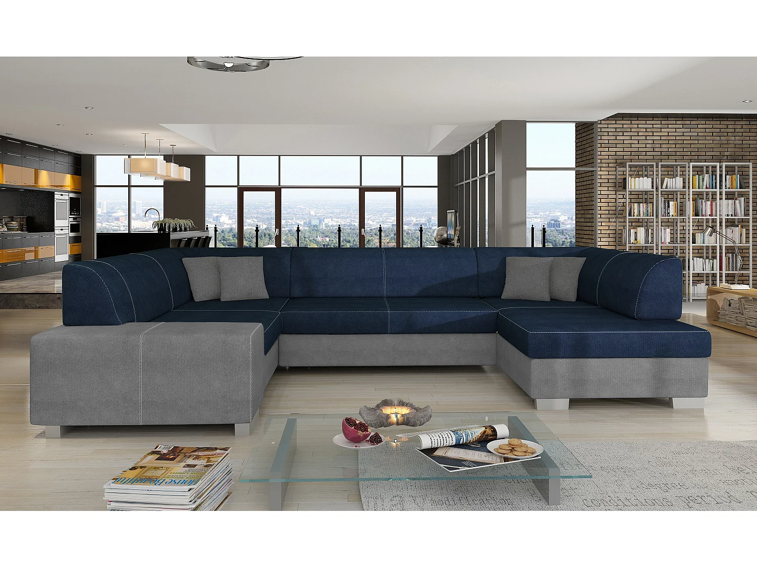 Canapé panoramique convertible HOUSTON en velours avec coffre de rangement-Gris clair/Bleu-Coffre à droite