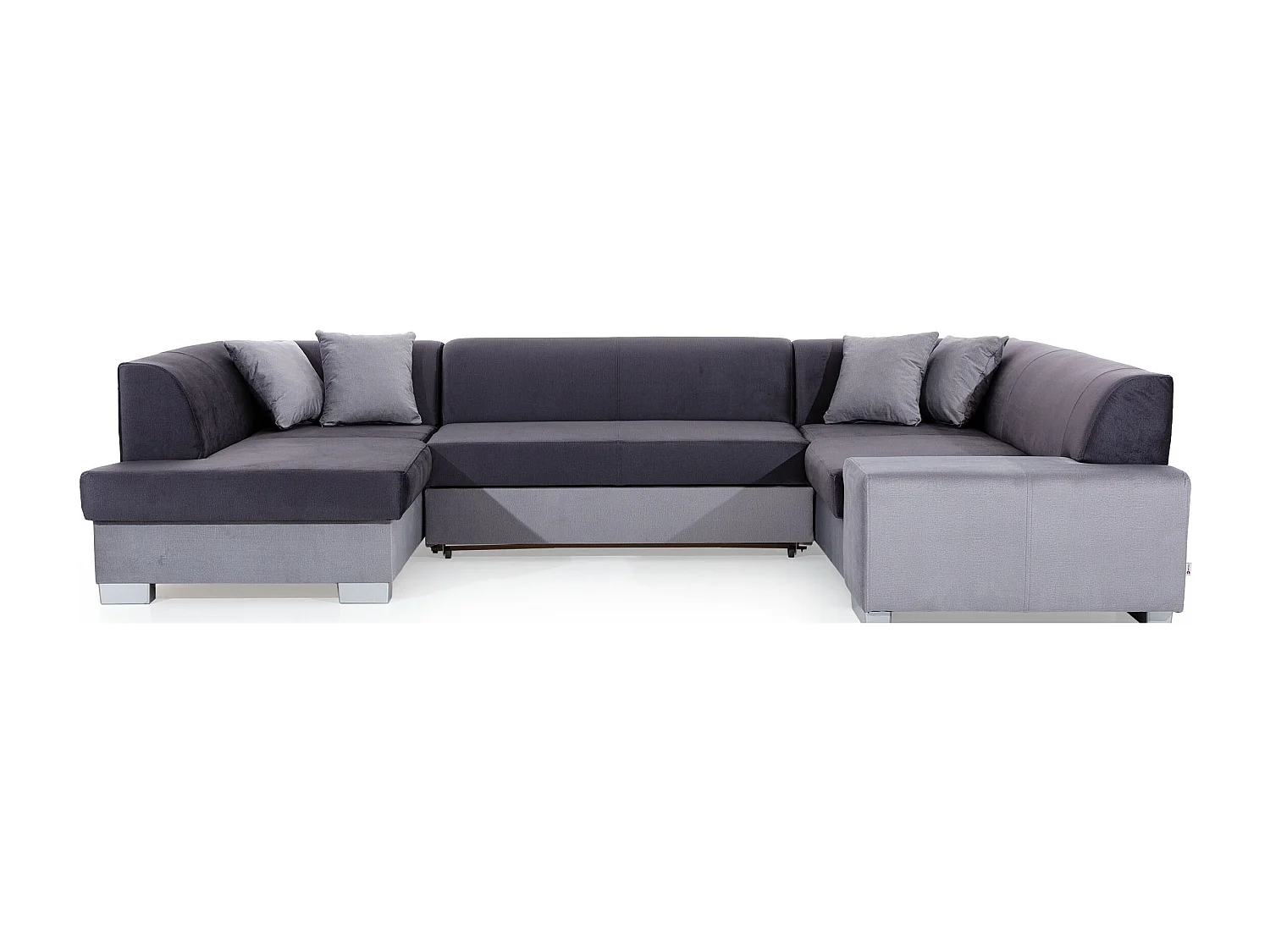 Canapé panoramique convertible HOUSTON en velours avec coffre de rangement-Gris clair/Bleu-Coffre à droite