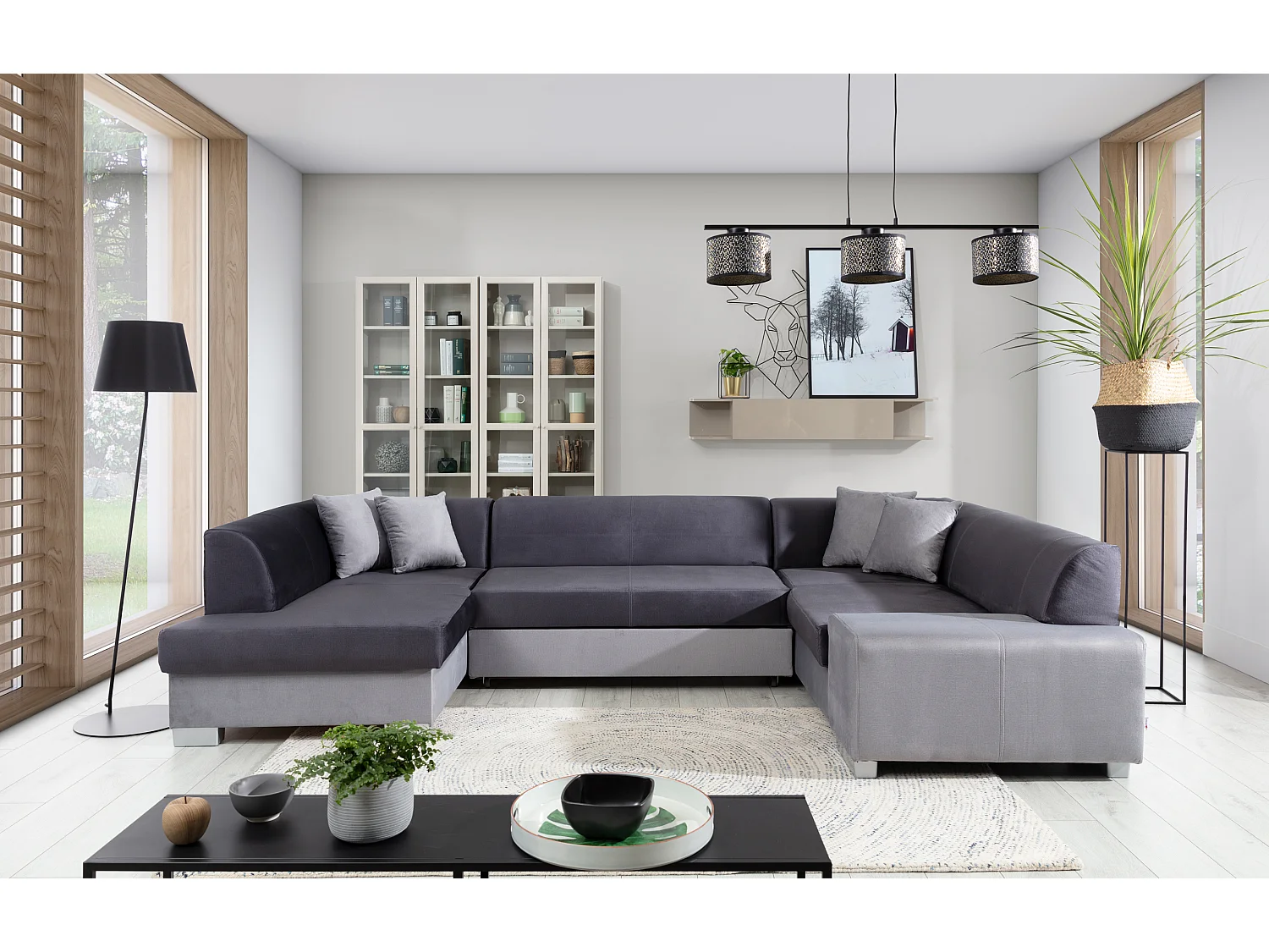 Canapé panoramique convertible HOUSTON en velours avec coffre de rangement-Gris clair/Bleu-Coffre à droite