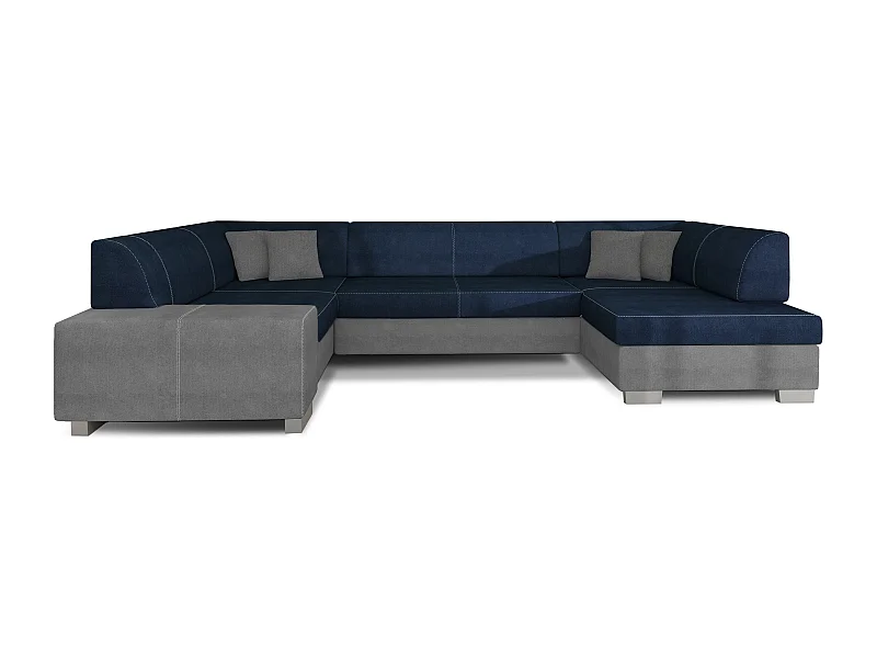 Canapé panoramique convertible HOUSTON en velours avec coffre de rangement-Gris clair/Bleu-Coffre à droite