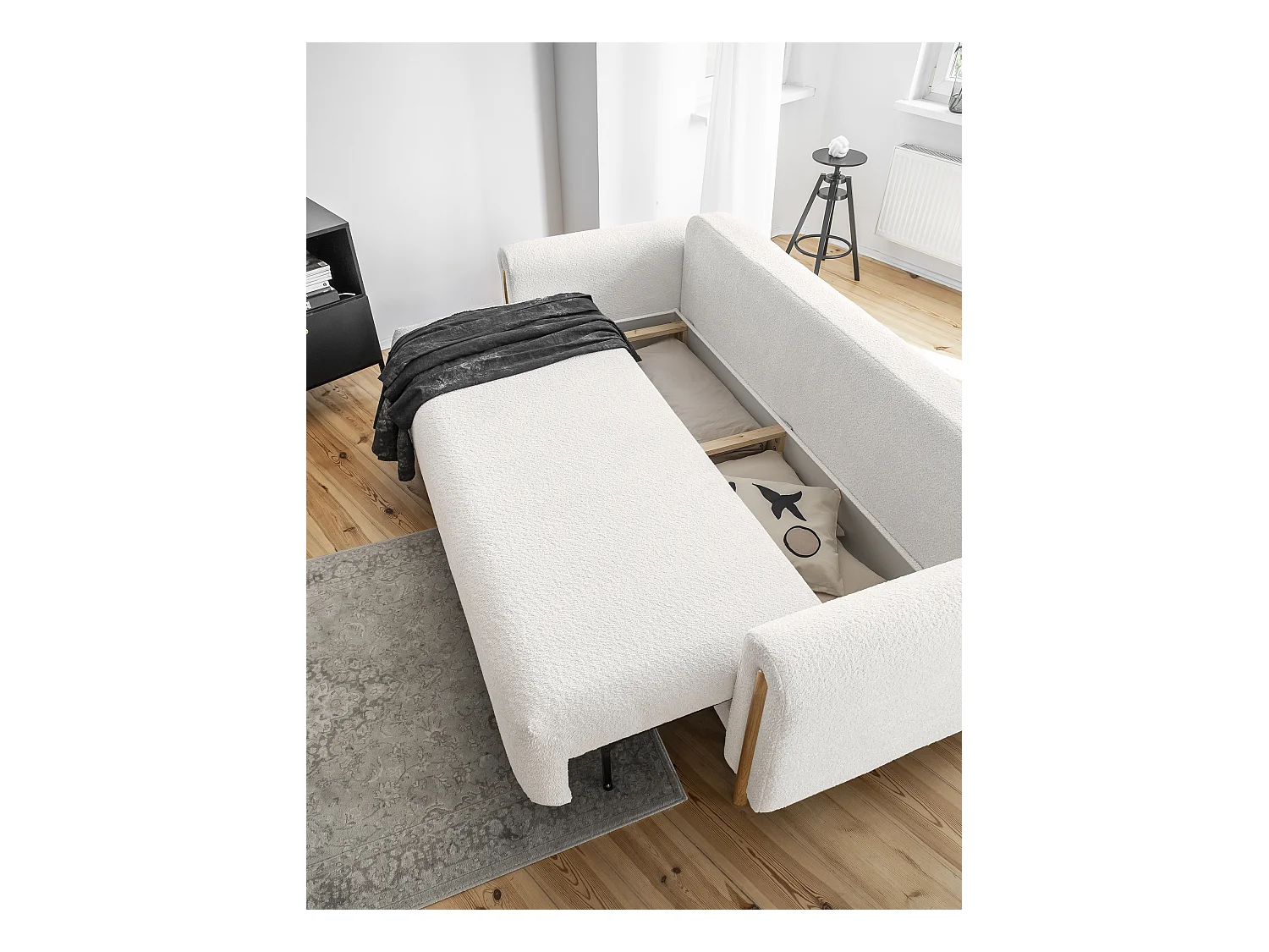 Canapé convertible en tissu bouclette DOVA - Pieds bois massif naturel-Blanc