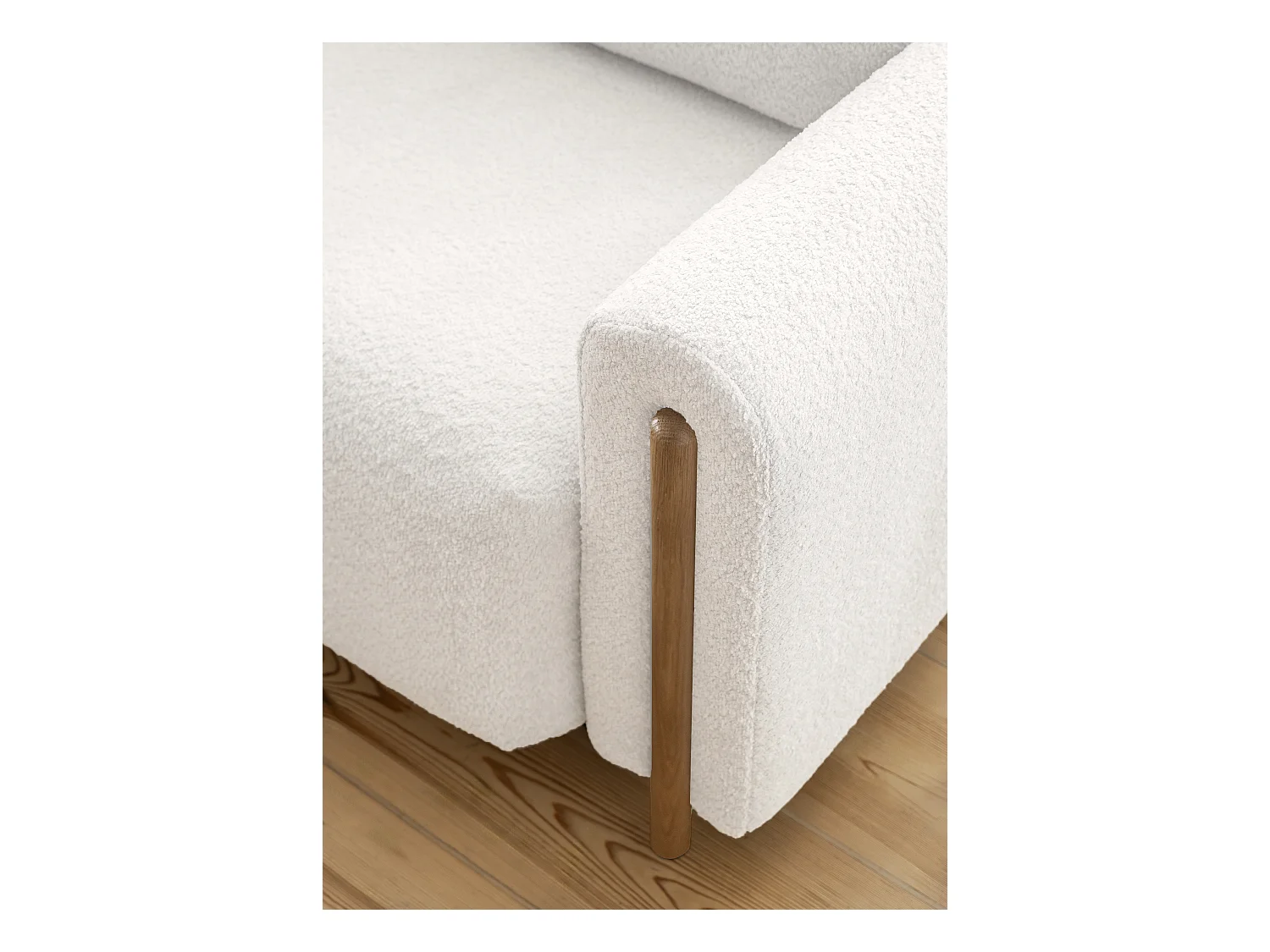 Canapé convertible en tissu bouclette DOVA - Pieds bois massif naturel-Blanc