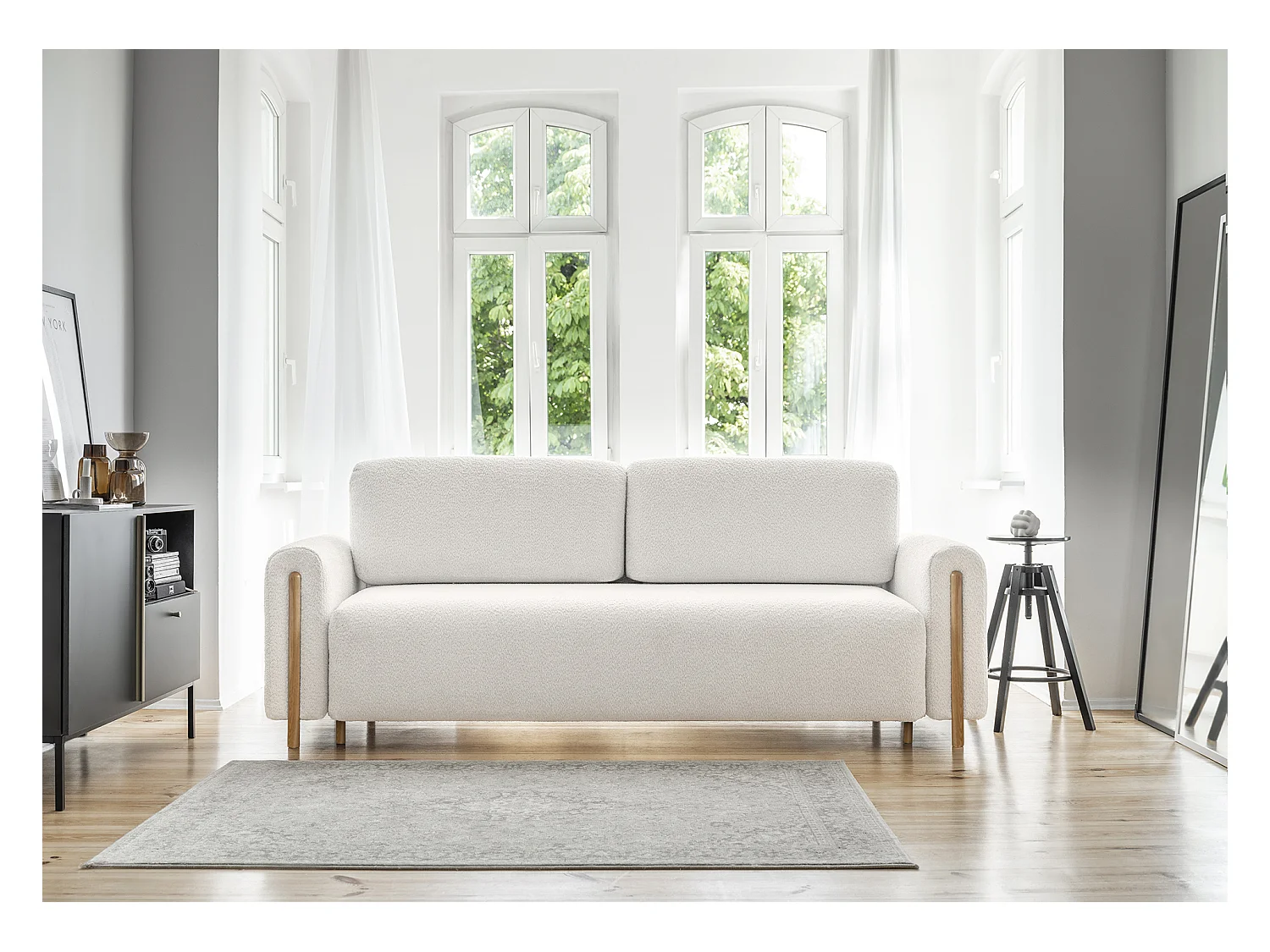 Canapé convertible en tissu bouclette DOVA - Pieds bois massif naturel-Blanc