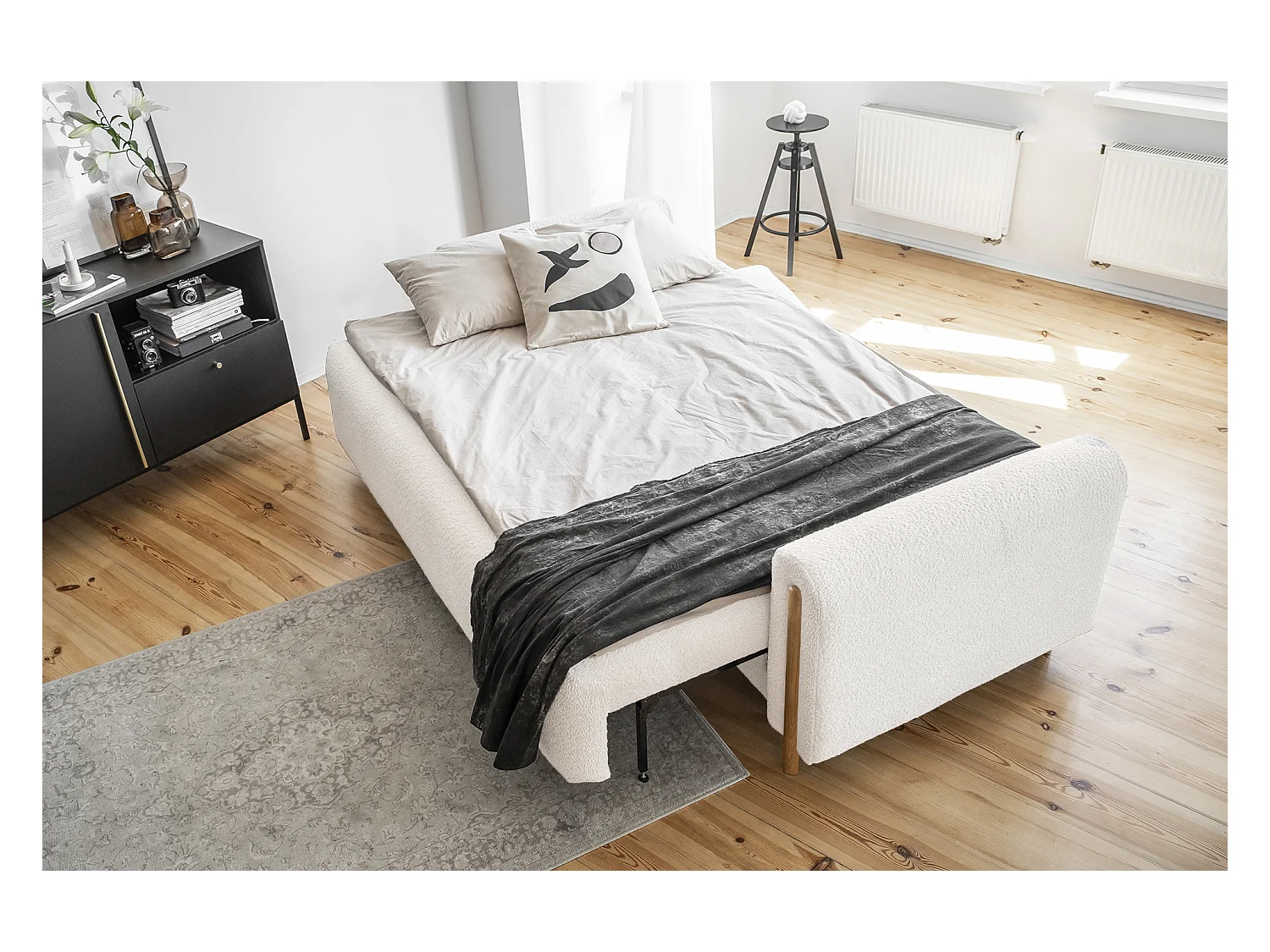 Canapé convertible en tissu bouclette DOVA - Pieds bois massif naturel-Blanc