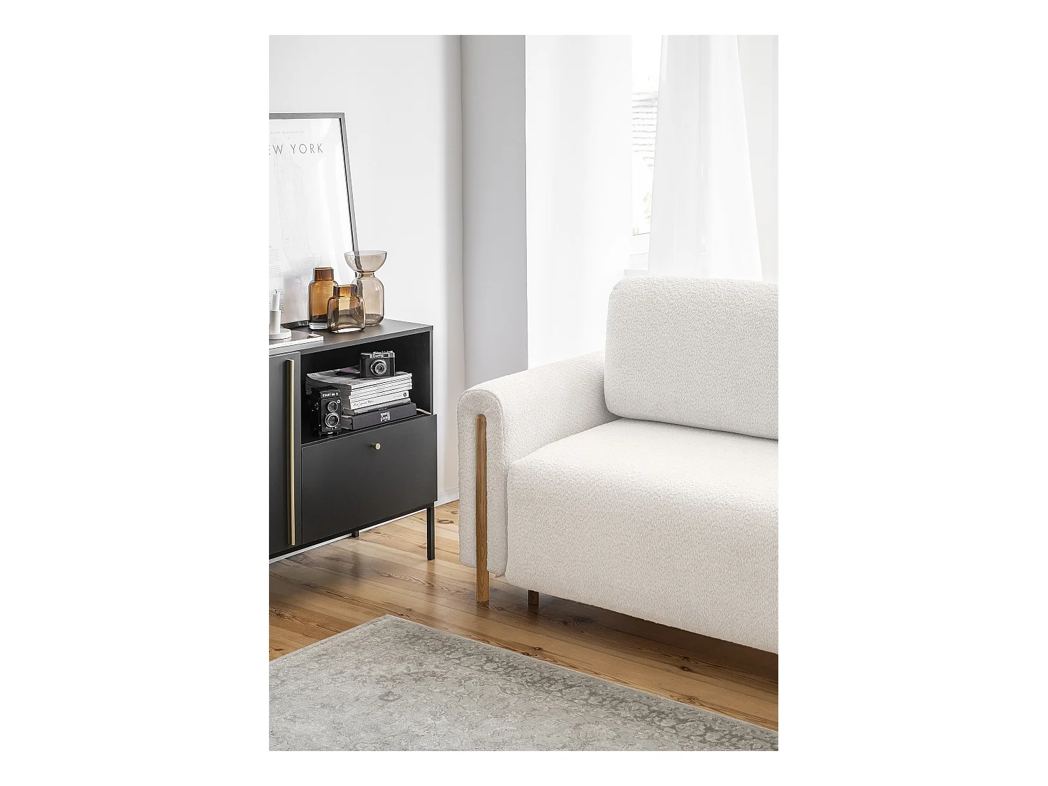 Canapé convertible en tissu bouclette DOVA - Pieds bois massif naturel-Blanc